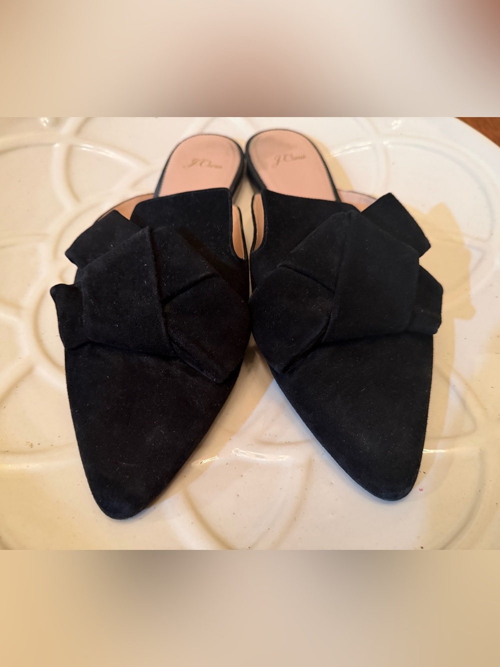 J. Crew Black Suede Pointed Bow Slip-On Mules